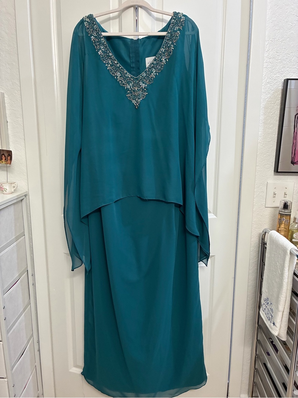 Alfred Angelo Teal Beaded V-Neck Long Sleeve Evening Gown